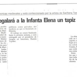 ARAGÓN REGALARÁ A LA INFANTA  ELENA UN TAPIZ ARTESANO DIARIO 16 (11/03/1995)
